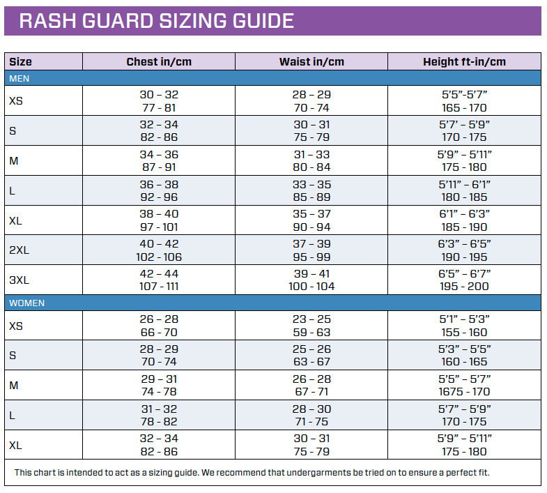 Rash Guard size guide - Scubapro