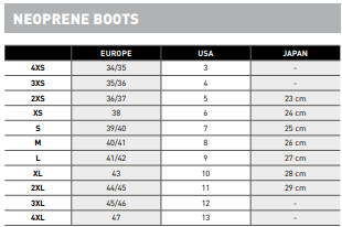 Mares size chart - Neoprene boots